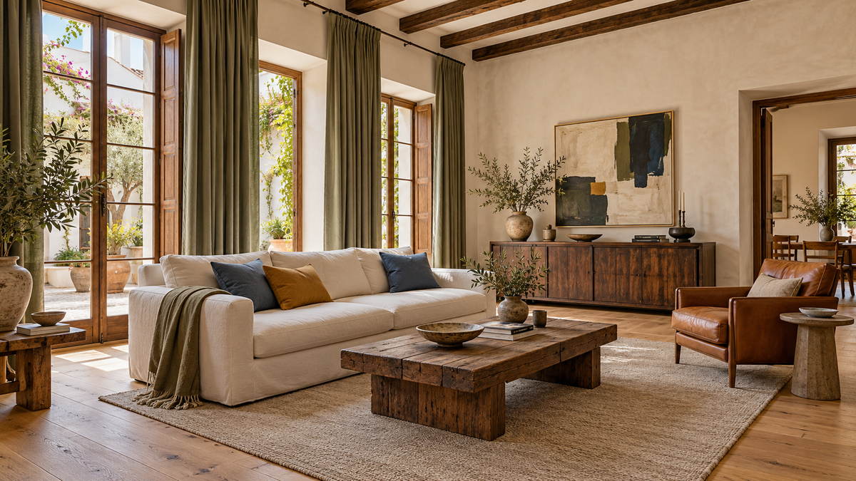 Karaktervolle Spaanse woonkamer met hoge ramen, olijfgroene gordijnen, een eikenlook vloer en blauwe en okerkleurige kussens.