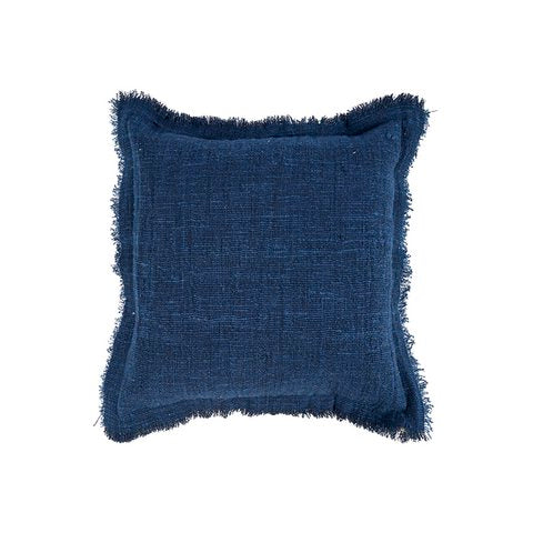 De azuurblauwe kussenhoes met franjes - Indisch blauw - Bazar Bizar