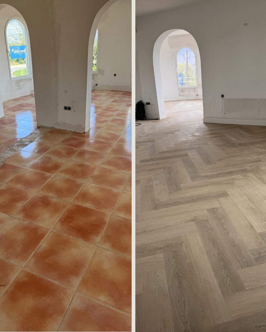Before and after: PVC flooring installed over an existing tiled floor