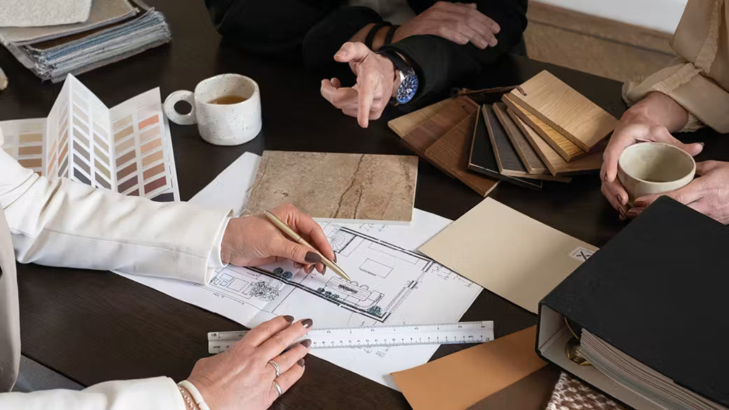 Adviesgesprek met materiaalstalen en een plattegrond