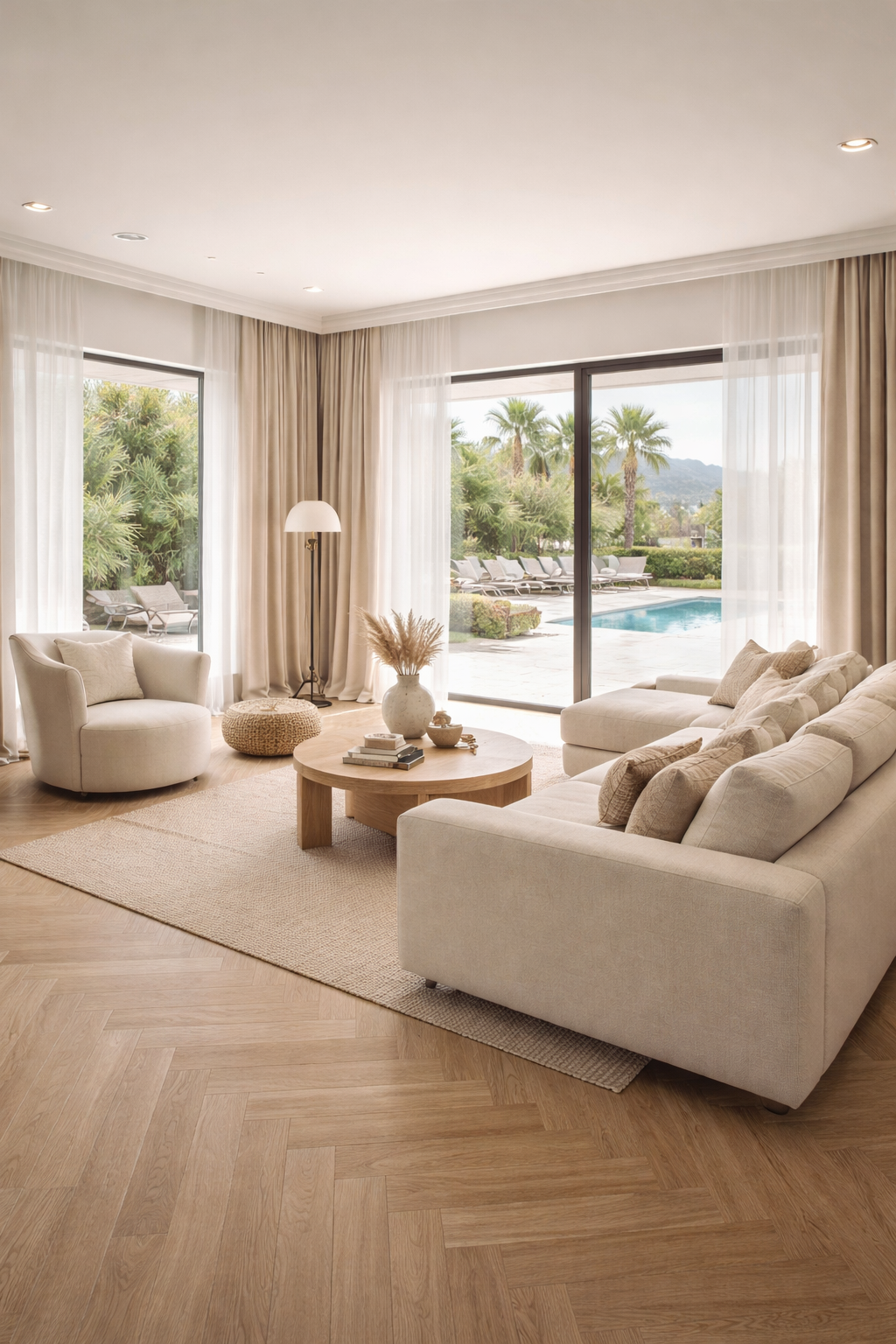 Home on the Costa Blanca with herringbone flooring, sheer curtains, and drapes